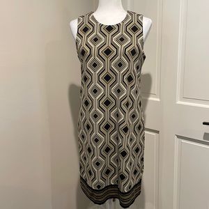 T Tahari Geometric Print Shift Dress. Size Small. Black, Olive, Tan and White.